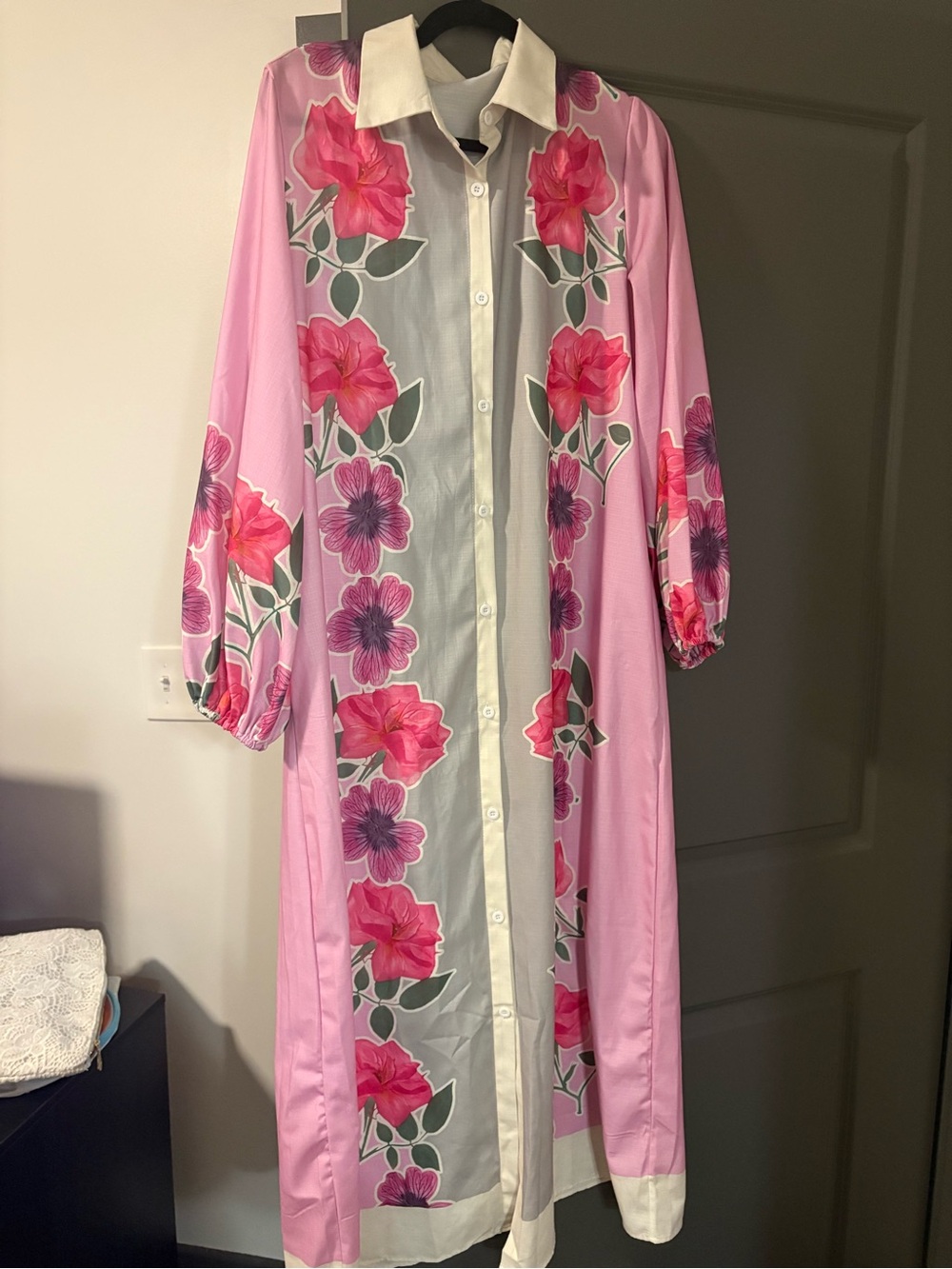 Women’s Pink Floral Long Button-Front Maxi Dress